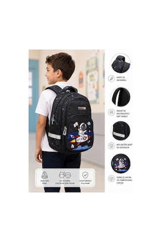 Kids Astronot Galakside İlkokul Çantası 41 Cm Su Geçirmez Okula Dönüş Siyah