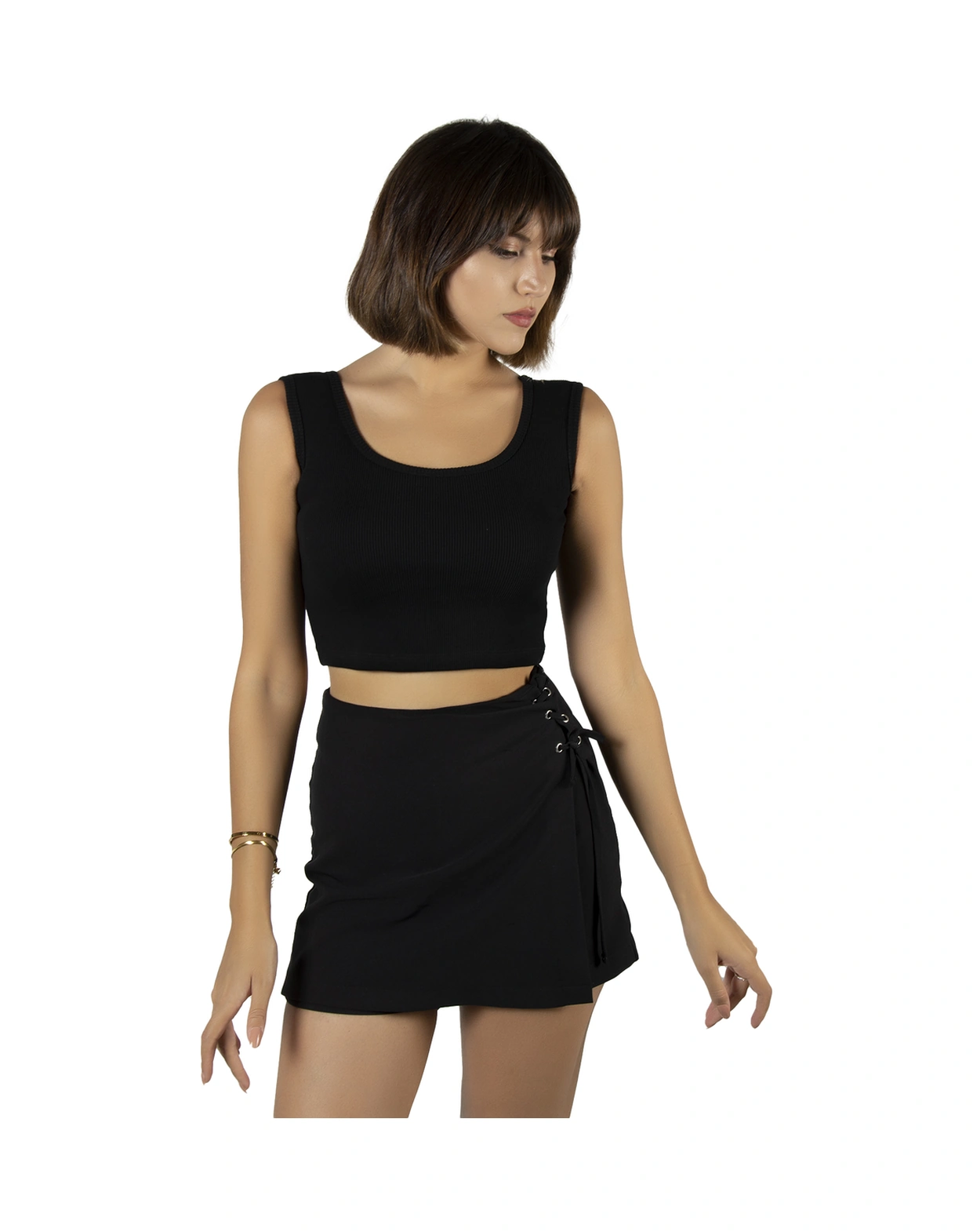 Veaven Siyah Geniş Askılı Fitted/vücuda Oturan Fitilli Crop Top Atlet Siyah