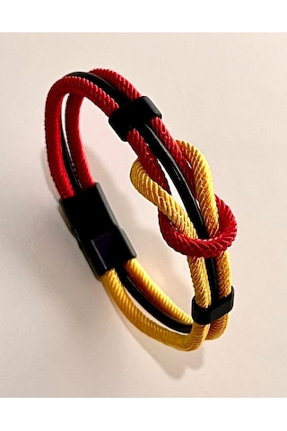 Çift Renkli El Yapımı Taraftar Bilekliği Makrome-%100 Deri Kombin Unisex Bileklik Net 21 Cm Sarı - Kırmızı