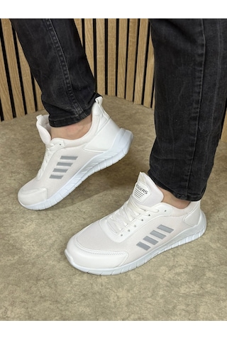 Günlük Erkek Sneaker Fileli Bağcıklı Rahat Esnek Dikiş Detaylı Yürüyüş Spor Ayakkabı 1453 Beyaz Gri