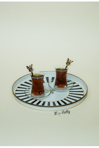 Papillon Emaye Çay Tepsisi Dekoratif Vintage Servis Tepsisi Siyah - Beyaz