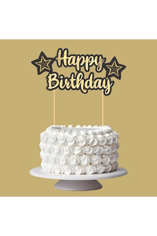 Siyah Altın Yıldız Temalı Happy Birthday Kaligrafi Pasta Üstü Süs Tüm Yaşlar