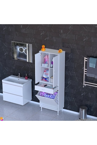 Eliusta Pine 65 Cm Genişlikte Dolap 65x171x32,5 Cm Banyo/mutfak Dolabı İki Kapaklı Sepetli Dolap Beyaz