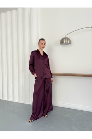 Verymoda Yüksek Bel Bol Paça Saten Pantolon Şık Ve Rahat Tasarım F2052 Mürdüm