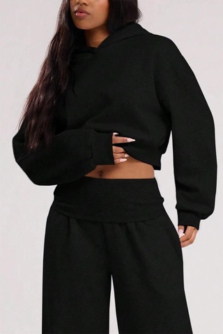 Brz Collection Relaxed Fit Basic Crop Hoodie Siyah Siyah