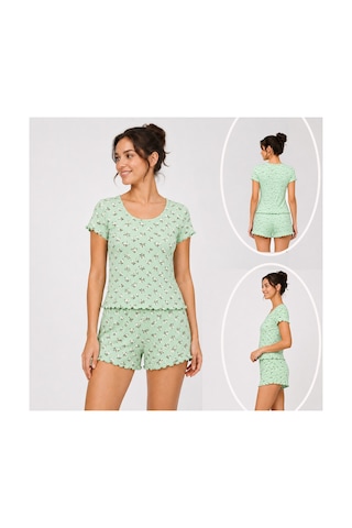 Bonbon Kadın Bohçalık Çeyizlik Hediyelik Pointel Kumaş Şort Kısa Kol Tshirt Ve Bralet 3'lü Pijama Takım Bb2414 Yeşil