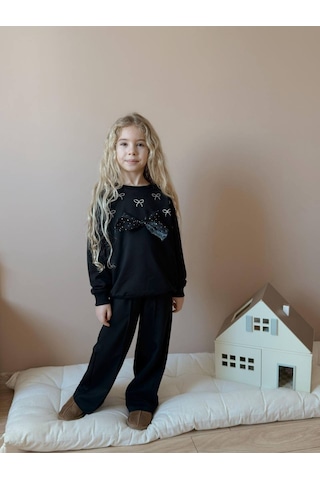 Miniko Kids Kız Çocuk Bayramlık Fiyonk Modelli Taşlı 2li Pamuk Takım Siyah