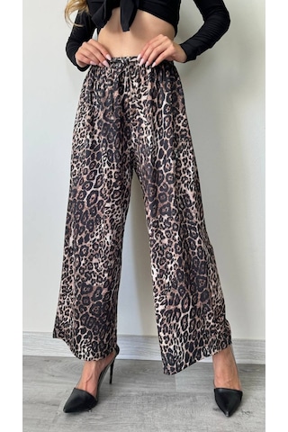 Duygudan Leopar Desenli Bol Paça Pantolon Rahat Kesim, Akışkan Duruş - Leopar
