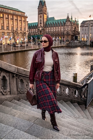 Avenna Yüksek Bel Ekose Desenli Uzun Etek 92 Cm Boy Bordo 26kt112