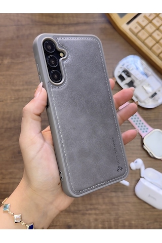 Samsung Galaxy A05s Uyumlu Premium Deri Dokulu Darbelere Karşı Dayanıklı Nazal Silikon Kılıf Gri