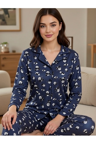 Rukod Kadın Siyah Penguen Desenli Süet Gömlek Yaka Düğmeli Uzun Altlı Pijama Takımı Siyah