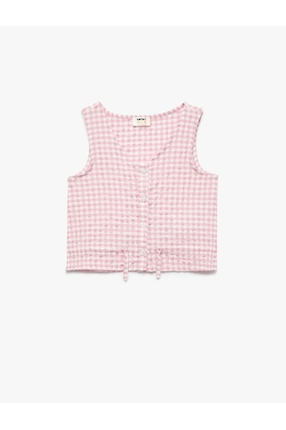 Koton V Yaka Düğmeli Kolsuz Pötikare Bluz Pembe Ekose 5skg60209aw Pembe Ekoseli