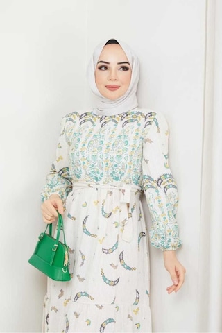 Butik Ayvitrin Kadın Otantik Muz Desen Keten Linen Tesettür Elbise Yeşil