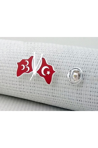 Takıhan Türk Bayrağı Ve Üç Hilal Tasarımlı 925 Ayar Gümüş Rozet Kırmızı