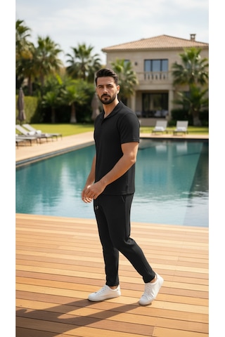 Fifty Color Unisex Trend Bürümcük Krinkıl Kumaş Yazlık Likralı Kısa Kol Tişört Eşofman Takım Siyah