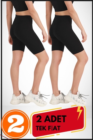 Kadın Kısa Siyah Şort Tayt 2'li Paket Lycralı Yüksek Bel Toparlayıcı Mevsimlik Biker 21070 Siyah - Siyah