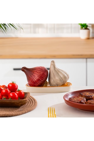 Porsima Mıo-036 Soğan Sarımsak Motifli 2li Standlı Tuzluk Biberlik Seti Çok Renkli