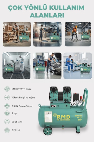R.m.d Kompresör 50 Lt Yüksek Emişli Yağsız Teknoloji Hava Kompresörü - I Mp1500