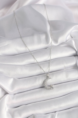 Gümüş Renk Zincir Zirkon Taşlı Hilal Model Yıldız Detay Kadın Kolye - Ebj241228w30263 Bakır
