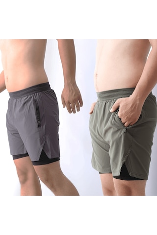 Nature The Brand 2 Li Paket Unisex Gym Ve Fitness Astarlı Taytlı Şort Gizli Cep Detaylı Antrasit