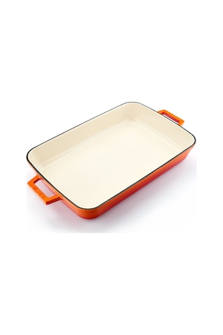 Lava Döküm Dikdörtgen Rosto Ve Fırın Tepsisi Ölçü 26x40cm. Döküm Demir Yekpare Çift Kulplu Edition Serisi - Turuncu Turuncu