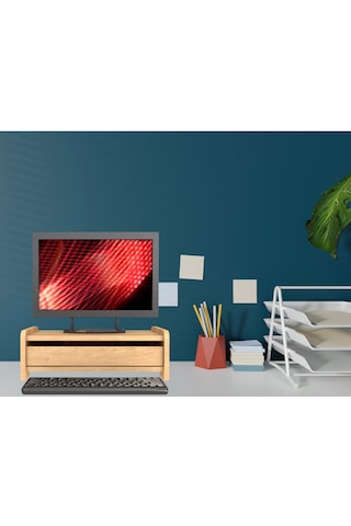 Ahşap Çekmeceli Monitör Standı Masaüstü Ergonomik Yükseltici Ve Düzenleyici