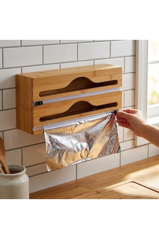 2 Bölmeli Doğal Bambu Folyoluk Ve Streç Film Kesici Organizer - Sürgülü Bıçaklı Duvara Monte Edilebilir Çekmece İçi Düzenleyici Pişirme Kağıdı Ve Alüminyum Folyo Standı 35,5 X 14 X 7 Cm 0