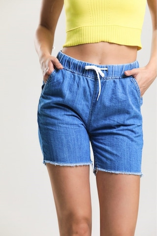 Pass&Pass 2080 Kadın Püsküllü Paça Jeans Denim Kot Şort Mavi