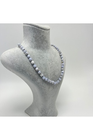 Yıldız Doğal Taş Kalsedon Doğal Taş 6 MM Makrome Kolye 45 CM - 55 CM Ayarlanabilir Mavi