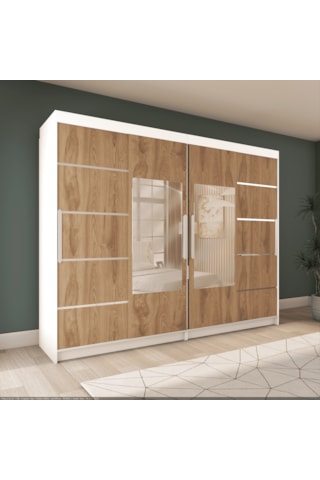 Sürgülü Gardırop, Dört Kapaklı Aynalı 360x60x210 Cm Parlak Beyaz