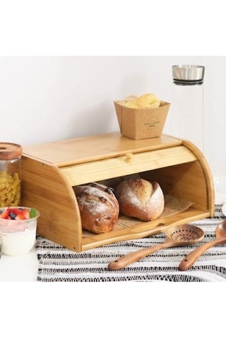 Qerhome Bambu Açılır Kapanır Kapaklı Ekmek Kutusu 38x19cm Kahve