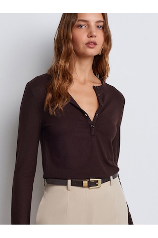 Dilvin 31544 Düğmeli Uzun Kollu Top-koyu Kahve Koyu Kahve