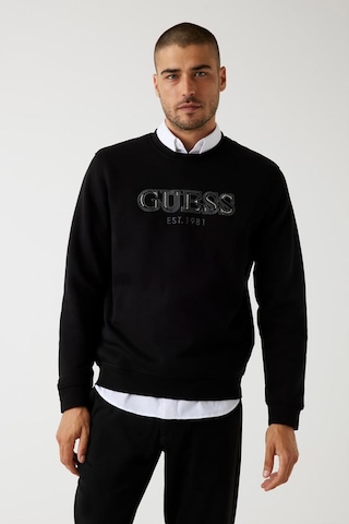 Guess Erkek Fleece Nakışlı Logo Sweatshirt - Siyah Siyah
