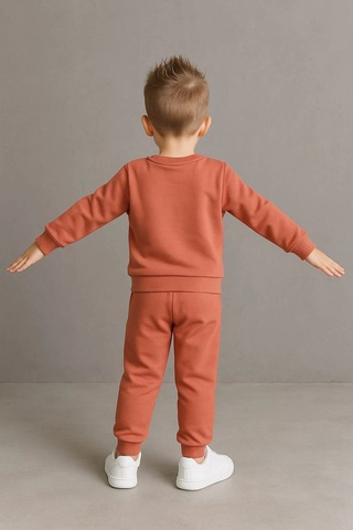 Erkek Çocuk Nakışlı İki Parça Eşofman Takımı %100 Pamuk Kiremit