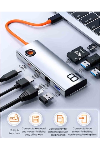 Tr32 8 In 1 Type-c To Hdm 4k30hz Rj45 Pd Usb3.0 3 Sd/tf Fonksyonel Dönüştürücü