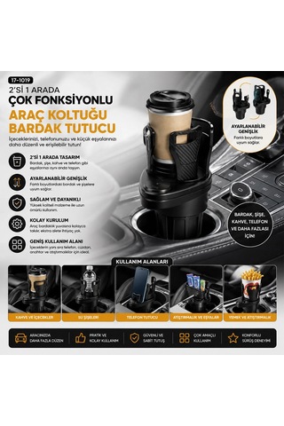 Araç İçi Çok Fonksiyonlu Bardak Tutucu - 2 Bölmeli 360 Dönebilen - Genişleyebilir Üst Hazne - Stand Cws-003 Bx40