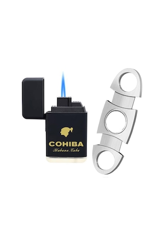 Cohiba Plastik Jet Alev Puro Çakmağı Metal Kesici Seti Siyah