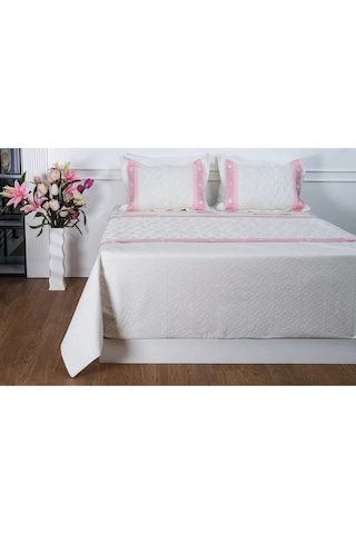Gülfem Pamuk Baskılı Krem Pembe Yatak Örtüsü Çift Kş. 6 Parça 245x260 Cm 1450 Pembe