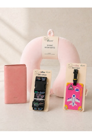 Seyahat Seti Boyun Yastığı Pasaport Kılıfı Valiz Kemeri & Etiketi 4 Lü Travel Set Pembe