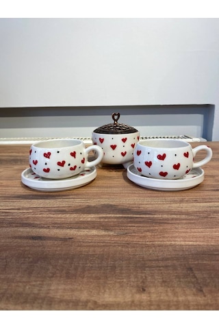 Kalp Desenli El Yapımı Seramik Fincan, Kupa Seti Ve Şekerlik