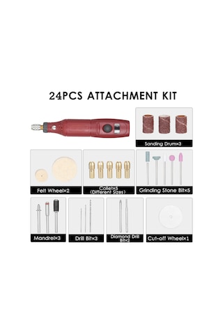 Lemestar 12v El Tipi Mini Freze Seti 5000-15000 Devir Üç Seviye Hız Ayarlı 24 Aksesuar İçeren Avrupa Standartı Plug Kırmızı