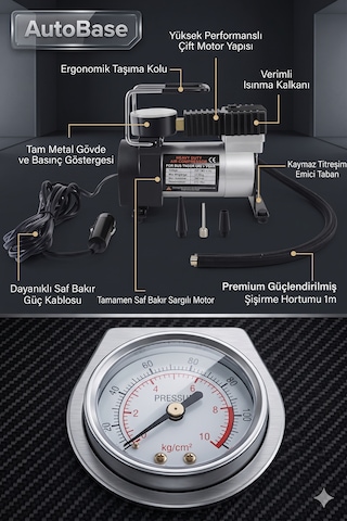 Profesyonel Metal Oto Araç Hava Kompresörü 12v Lastik Pompası 150psı 0 - 150 Psı 0 - 10 Bar
