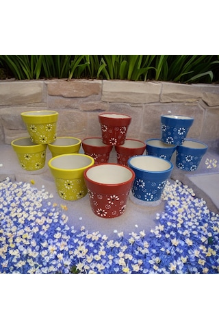 Dekoratif Mini Seramik Skulent Saksı Papatya Desen 12 Parça 7cm