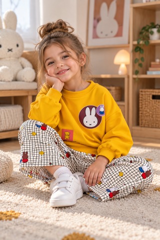 Tucankids Kız Çocuk Miffy Tavşan Baskılı 2'li Eşofman Takımı %100 Pamuk 3 İplik Şardonsuz Sweatshirt Ve Desenli Pantolon 2-8 Yaş Sarı