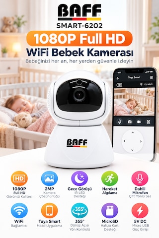 Smart-6202 1080p Full Hd Wifi Bebek Kamerası 2mp Gece Görüşlü Mikrofonlu Hareket Algılamalı Tuya Smart Akıllı Kamera Beyaz