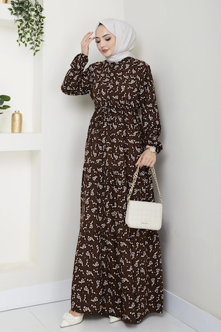 Yaprak Desenli Bağlamalı Viskon Elbise - Kahverengi / E0125 Kahverengi