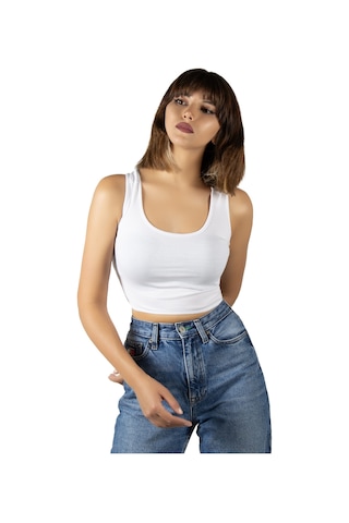 Terapi Men Beyaz Sırt Detaylı Fitted/vücuda Oturan Kare Yaka Crop Bluz Beyaz