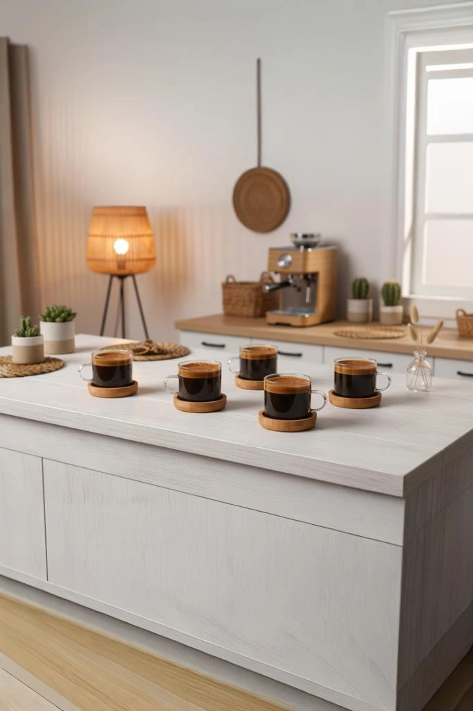 Atbyhome 12 Parça Cam Kahve Sunum Seti Bambu Altlıklı Fincan Takımı Bambu