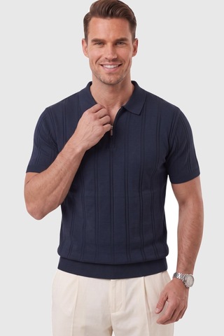 Deepsea Erkek Fermuarlı Polo Yaka Çizgi Dokulu Lacivert Triko Tişört Regular Fit Yumuşak Dokulu 2608007
