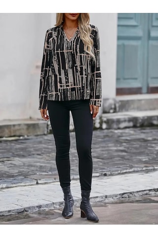 Kadın Uzun Kollu V Yakalı Desenli Dalgıç Bluz Siyah